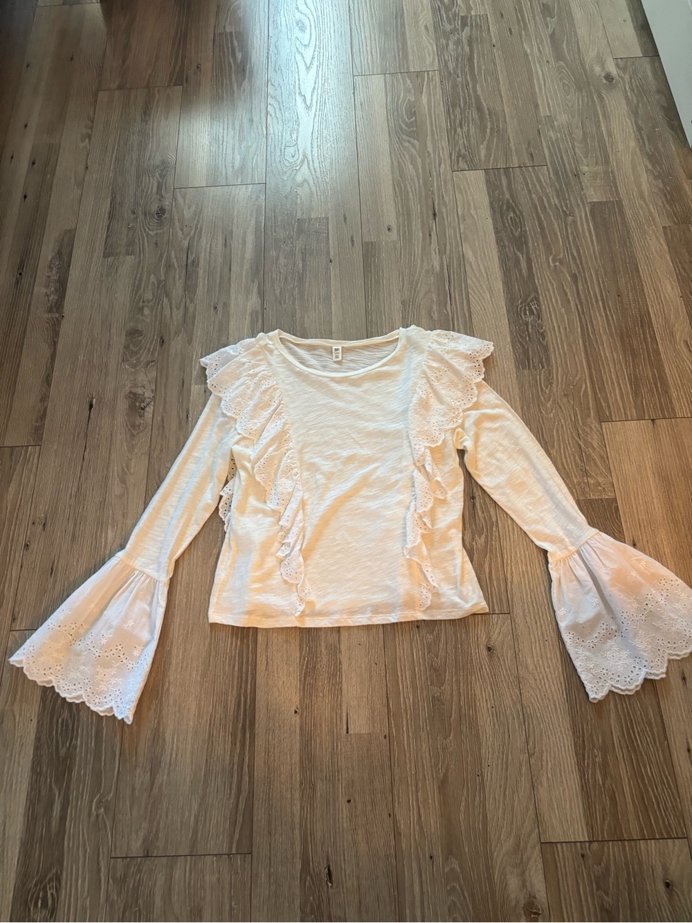 Nordstrom White Eyelet Ruffle Long Sleeve Top with Bell Sleeves